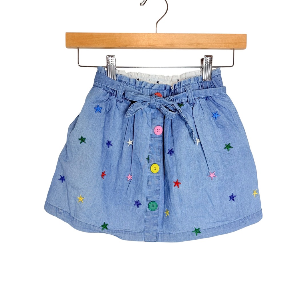 Boden Girls Chambray Star Embroidered Skirt Blue Paperbag Waist Size 7-8Y